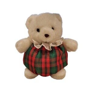 Russ Berrie Bear HOLLY White Soft Christmas Plush Tartan Fabric Body 8" Vintage